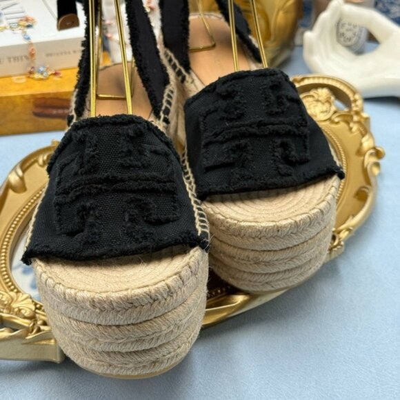 🆕 TORY BURCH 🧿 NWOB Ines Espadrille Wedge Sandal, 80 MM - Black - Sz US 7 - Picture 9 of 13